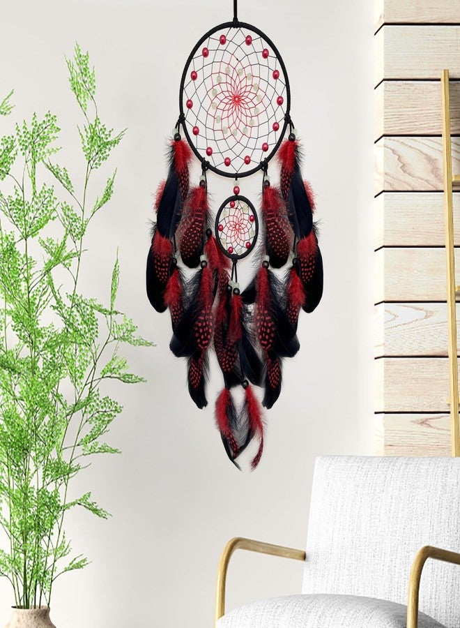 SOYUZU Red and Black Dream Catcher Wall Decor Feather Dream Catchers with Luminous Bead Handmade Dreamcatcher Wall Hanging Ornament for Bedroom Living Room Home Decor - Image 3